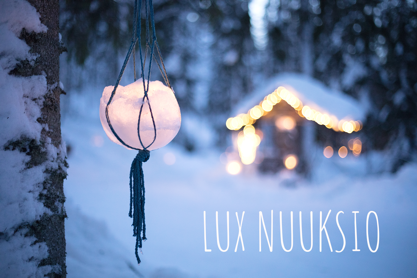 Puusta roikkuva jäälyhty Lux Nuuksiossa.