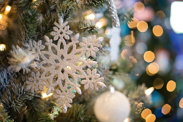 A snowflake-shaped Christmas decoration on a tree. Lights flickering in the background.